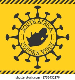 Coronavirus in South Africa sign. Round badge with shape of virus and South Africa map. Yellow country epidemic lockdown stamp. Vector illustration.