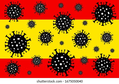 Coronavirus in Spain. Coronavirus danger. Novel coronavirus (2019-nCoV), Abstract virus strain model. Coronavirus on the background of the flag of Spain