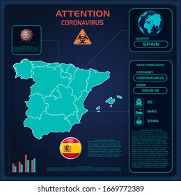 Coronavirus in Spain. Graphic statistics spread coronavirus wiht icons and numbers. Wuhan virus 2019-nCoV on map of Spain. Template for addition statistics flu outbreak. Information banner for news.