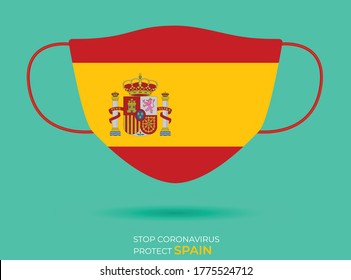 Coronavirus in SPAIN. Graphic Vector of surgical mask with SPAIN flag. (2019-nCoV or CoVid-19). Medical face mask as concept of coronavirus quarantine. Coronavirus outbreak. use for printing eps File,