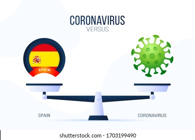 Coronavirus or Spain vector illustration. Creative concept of scales and versus, On one side of the scale lies a virus covid-19 and on the other spain flag icon. Flat vector illustration.