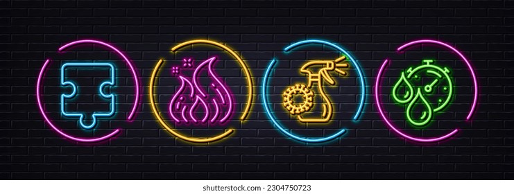 Coronavirus spray, Puzzle and Fire energy minimal line icons. Neon laser 3d lights. Timer icons. For web, application, printing. Covid antiseptic, Puzzle piece, Flame. Drying time. Vector