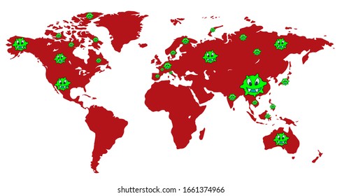 Coronavirus breitete sich über den Atlas aus. Der Coronavirus 2019-nC0V übernimmt die Weltspitze. Virusgrüne Karte in Rot. Vektorillustration-Bild.