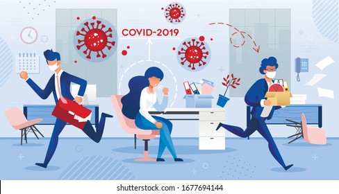 Coronavirus Spread around People. Sick Woman Employee Coming to Work. Covid19 Virus Infection Transmission via Cough. Coworker in Facial Mask Run Away in Panic. Health Preservation Personal Hygiene