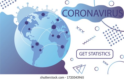 Coronavirus verbreitet Statistiken, Mortalität und Infektion Karte mit Infektionsgebiet und Punkte Vorlage für News.COVID-19 verbreitet sich um Planet Banner für die Verbreitung von Nachrichten über Corona. Vektorgrafik