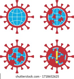 The coronavirus is spreading across the planet step by step. Set of 4 icons.