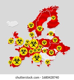 Coronavirus Spreading All Over The Europe. Pathogen Respiratory Coronavirus Covid-19 Europe Map Infographics, Vector Illustration