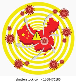 Coronavirus Spreading Concept with China map, warning sign, arrow, floating virus cells. 2019-nCoV Flu Dangerous chinese corona virus, pandemic risk alert