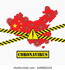 Coronavirus Spreading Concept with cross warning strip, China map, warning sign, Coronavirus text, floating virus cells. 2019-nCoV Flu Dangerous chinese corona virus, pandemic risk alert. Vector