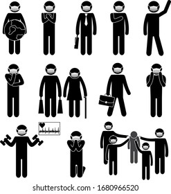 Coronavirus Spreading Prevention. Businessmen & Workers Wearing Face Masks. Stick Figure Pictogram Icon