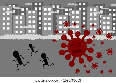 Coronavirus is spreading throughout the city. Covid-19 concept. Vector illustration.