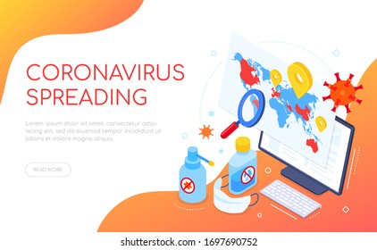 Coronavirus Spreading In The World - Isometric Web Banner With Copy Space For Text. A Composition With A Map, Computer, Sanitizers And Antiseptics, Face Mask. Viral Shedding, Preventive Measures Idea