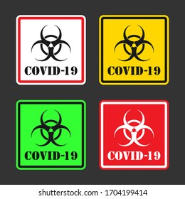 Coronavirus square warning icon. Biohazard Corona virus disease symbol. Influenza epidemic logo. Sars Covid-19 sign. Isolated on black background. Vector illustration image.
