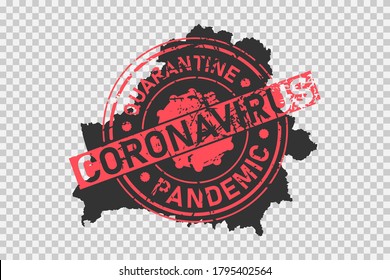 Coronavirus stamp on Belarus map. Concept of quarantine, isolation and pandemic of the virus in country. Grunge style texture stamp over black belarussian map. Vector illustration.