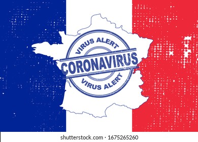 Coronavirus stamp on French flag distressed. Map of France silhouette