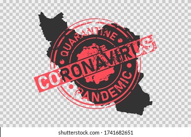 Timbre Coronavirus sur la carte de l'Iran. Concept de quarantaine, d'isolement et de pandémie du virus dans le pays persan. Timbre de texture de style Grunge sur une carte noire iranienne. Illustration vectorielle.