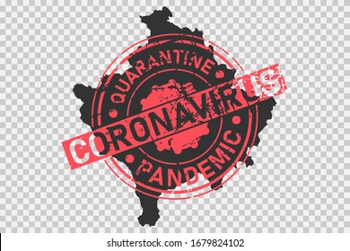 Coronavirus stamp on Kosovo map. Concept of quarantine, isolation and pandemic of the virus in country. Grunge style texture stamp over black kosovo map. Vector illustration.
