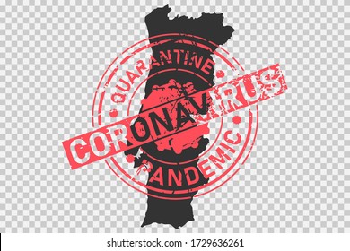 Coronavirus stamp on Portugal map. Concept of quarantine, isolation and pandemic of the virus in country. Grunge style texture stamp over black portuguese map. Vector illustration.