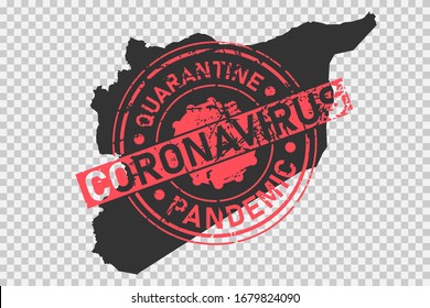 Sello de Coronavirus en el mapa de Siria. Concepto de cuarentena, aislamiento y pandemia del virus en el país. Sello de textura de estilo grueso sobre el mapa sirio negro. Ilustración vectorial.