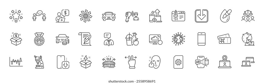 Coronavirus, Stars and Boarding pass line icons. Pack of Support service, Post package, Phone download icon. Business person, Court jury, Electronic thermometer pictogram. Feather. Line icons. Vector