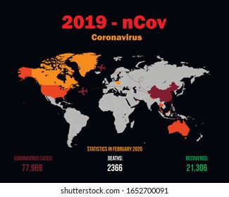 Coronavirus statistics for February 2020. Coronavirus on China map background. 2019-nCoV Flu spreading of world, China map, human icon, arrow, floating virus cells. Dangerous chinese corona virus.