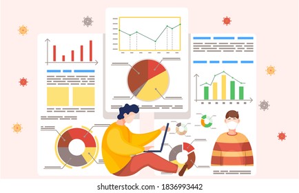Coronavirus statistics. Prevention covid-19. Lowers the level of disease. Stop the virus. Dynamics of the spread of the virus. Man looking indicators on laptop. Diagrams and graphs with descriptions