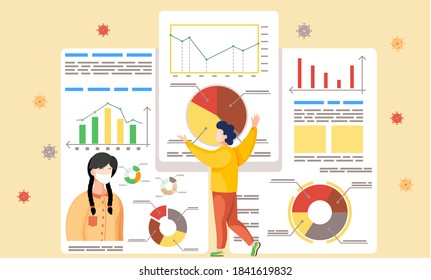 Coronavirus statistics report with graphs and charts. Prevention covid-19. Lowers the level of disease. Stop the virus. Dynamics of the spread of virus. Diagrams with descriptions, woman in face mask
