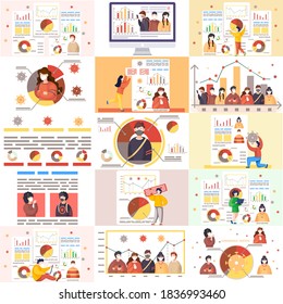 Coronavirus statistics scenes set. Prevention covid-19. Lowers the level of disease, quarantine. People in medical protective fase masks. Diagram with virus segments and sign. Spread of infection