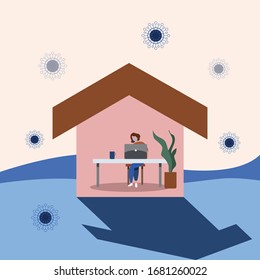 Coronavirus stay at home campaign, stay home, saves lives, woman working from home behind a laptop - Flat vector style/Illustration