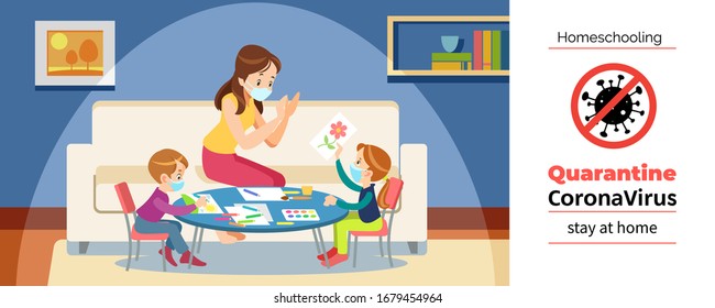 Coronavirus. Stay at home. Homeschooling. Mother and children paint in the game room, wearing a protective mask during self-quarantine of the coronavirus. Cartoon vector illustration