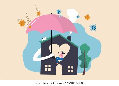 Coronavirus Stay home Stay safe, people stay at home to protect from COVID-19 Coronavirus spreading concept, woman reading book safely at home with house holding umbrella protect from virus pathogen.