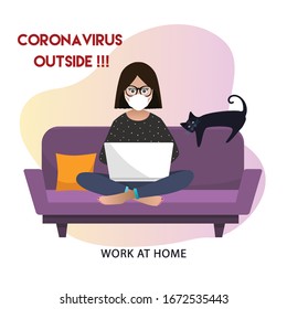 Coronavirus. Stay home. Scared girl with face mask working on laptop at home. Quarantine. vector flat illustration.