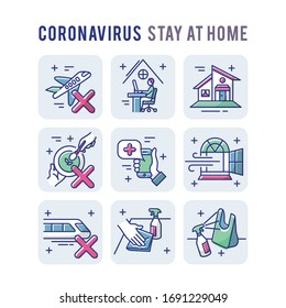 Coronavirus Bleiben Sie zu Hause Set Icons Thin Style Piktogram Minimalist gefärbt