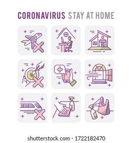 Coronavirus Stay at Home Set Icons Thin Style Pictogram Minimalist Colored