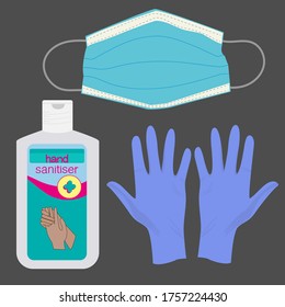 Coronavirus stay safe kit. Vector elements isolated on background. Hand sanitiser, gloves, face mask. Covid 19,  products for travel and going out safely. Illustration, set of virus safety items.