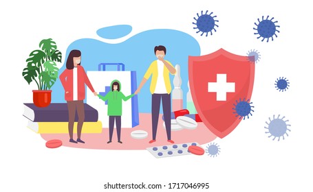 Coronavirus stay safe mask use vector illustration. Protection against bacteria infection, family character with child. Information about coronavirus, taking pills, antiviral drugs, vaccine.