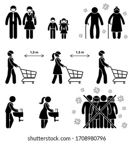 Coronavirus stick figure man, woman, children, kid, grandparent icon sign symbol vector illustration pictogram. Social distance rules in shop, wash hands, avoid crowd, elderly risk set