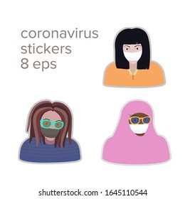 coronavirus stickers, girls with medical mask on face. Asian, white and black women during a viral covid-19 pandemic