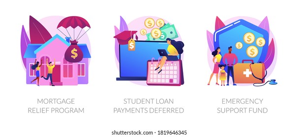 Coronavirus stimulus package plan abstract concept vector illustration set. Mortgage relief program, student loan deferred payment, emergency response support fund, government help abstract metaphor.