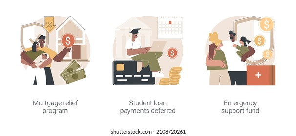 Coronavirus Stimulus Package Plan Abstract Concept Vector Illustration Set. Mortgage Relief Program, Student Loan Deferred Payment, Emergency Response Support Fund, Government Help Abstract Metaphor.