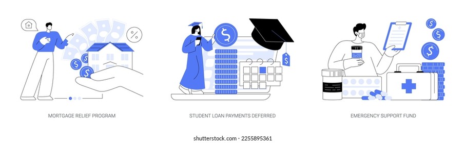 Coronavirus stimulus package plan abstract concept vector illustration set. Mortgage relief program, student loan deferred payment, emergency response support fund, government help abstract metaphor.