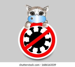 Coronavirus stop banner with cat in anti dust mask. protection of virus spread. vector illustration 