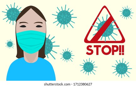 Stopp-und Präventivposter für Coronavirus. Verbotenes Virenzeichen und Arztbild - Vektorillustration