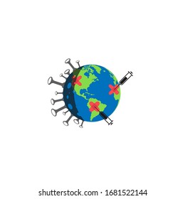 Coronavirus stop. Protection earth concept. Vaccine against the Virus. Earth globe with bacteria and syringes with vaccine in flat design. Vector illustration.