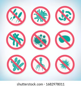 Coronavirus. Stop coronavirus. Coronavirus wuhan sars illness. Antibacterial sign set. Bacteria kill symbol. Control infection. Germ kill. Infection icon. Pathogen respiratory influenza covid cells.