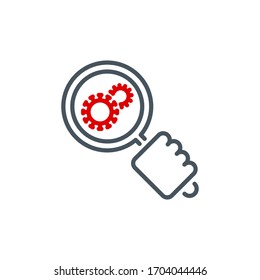 coronavirus study single line icon isolated on white background. Perfect outline symbol research vaccine Covid 19 pandemic banner. Quality design element magnifier glass with editable Stroke
