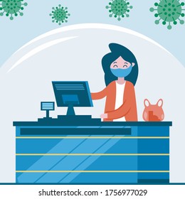 Coronavirus supermarket concept Free Vector
Cashier lady at her workplace. grocery store shop assistant with cash register machine. vector illustration Premium Vector
Client and employee with protection