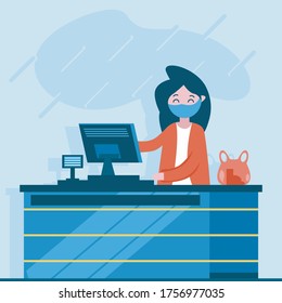 Coronavirus supermarket concept Free Vector
Cashier lady at her workplace. grocery store shop assistant with cash register machine. vector illustration Premium Vector
Client and employee with protection