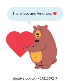 Coronavirus support, love and care concept vector illustration. Bear holding heart to share love and good feelings
