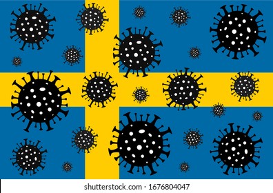 Coronavirus in Sweden. Coronavirus danger. Novel coronavirus (2019-nCoV), Abstract virus strain model. Coronavirus on the background of the flag of Sweden